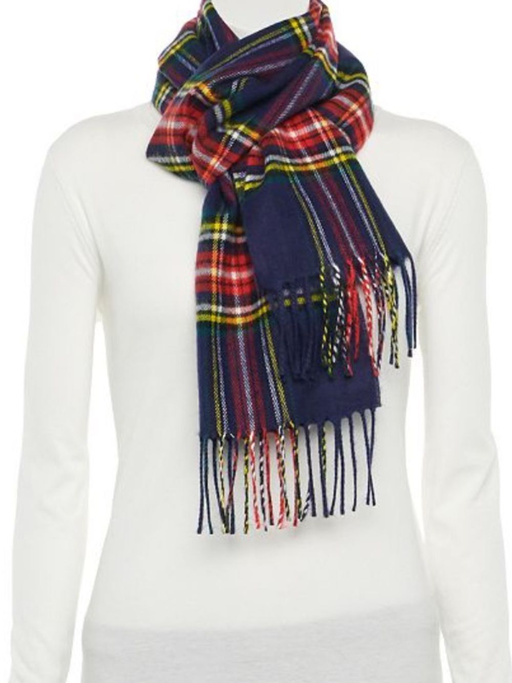 Kohl's Navy Plaid Fringed Scarf with Red and Yellow Accents